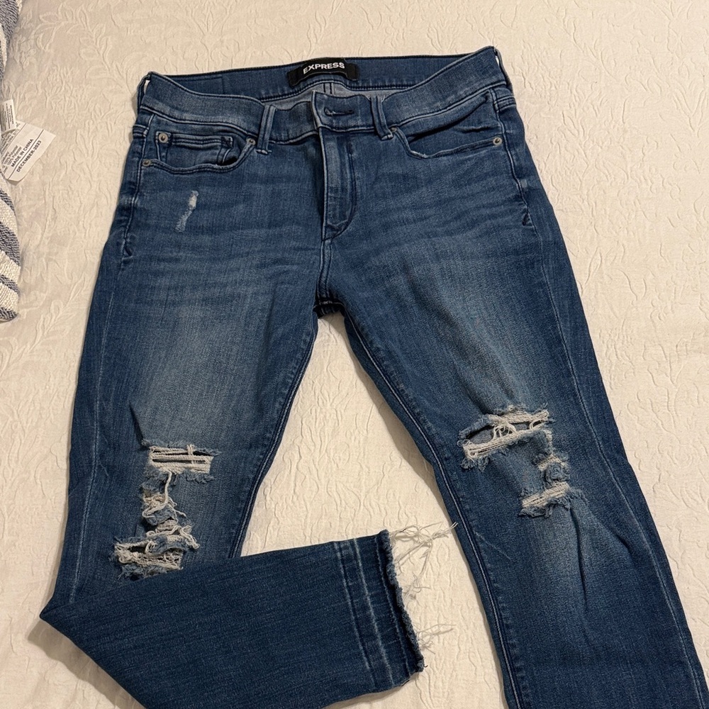 Express Women's Dark Blue Ripped Skinny Jeans